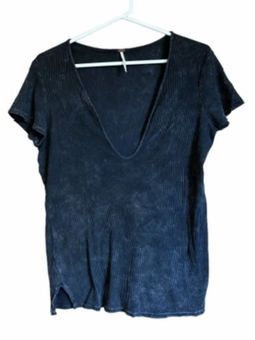 FREE PEOPLE Ribbed Charcoal Grey Black Deep V-Neck Tee T-shirt Top Large